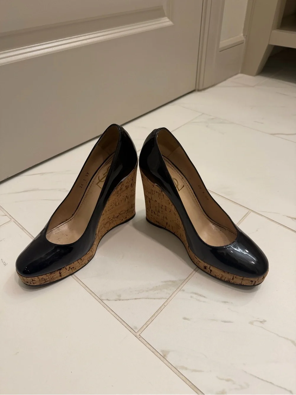 YSL - Black Patent Cork Wedge Pumps - 39